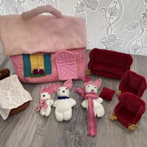 Vintage Carry Along Cottage Dollhouse Handmade Fabric Cloth Bag Furniture 80s